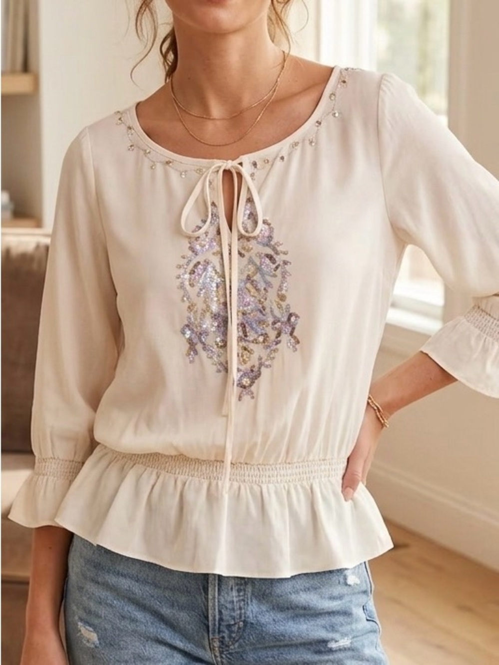 Robbi & Nikki Cream Sequin Boho Peasant Blouse Top XSmall